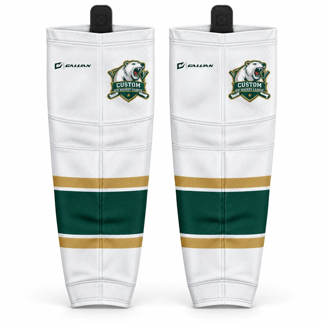 Custom Hockey Socks – White, Green & Gold, custom sublimated ice hockey socks with team stripes by Gallian Sports