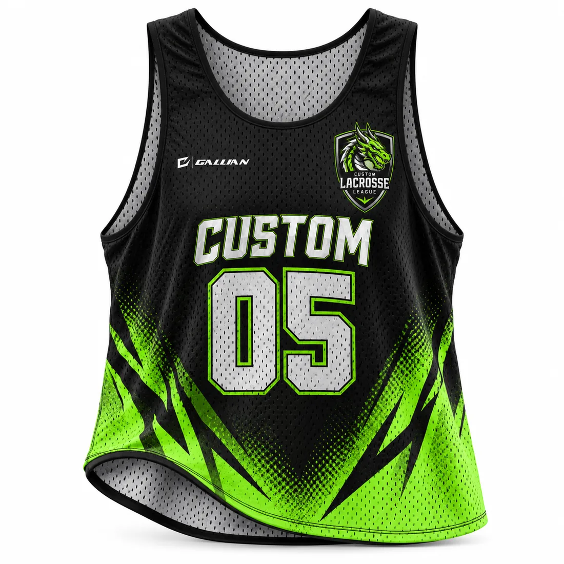 Reversible Lacrosse Pinnies – Black & Volt Green, custom sublimated reversible lacrosse pinnie by Gallian Sports
