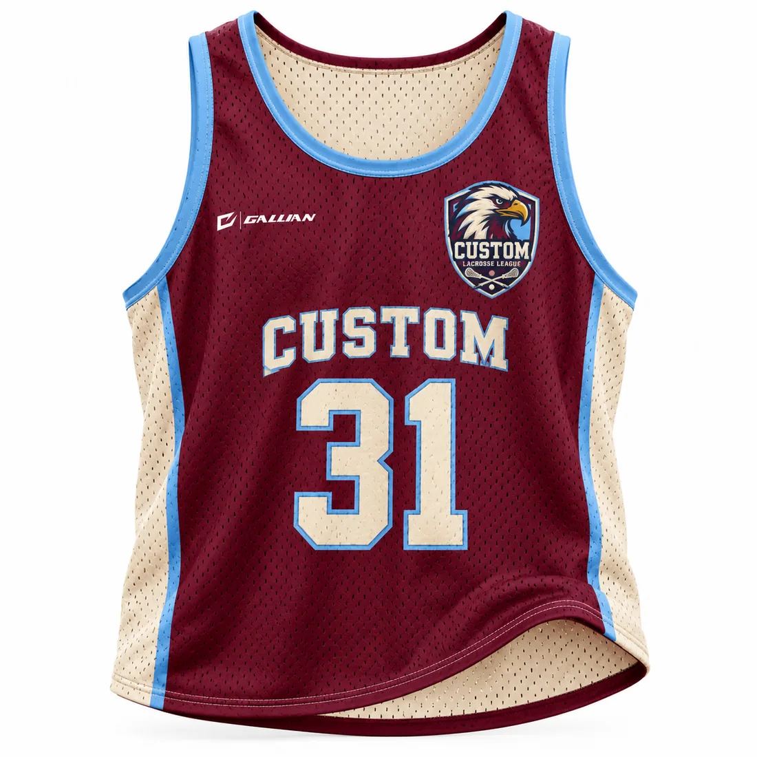 Reversible Lacrosse Pinnies – Maroon & Sky Blue, custom sublimated reversible lacrosse pinnie by Gallian Sports