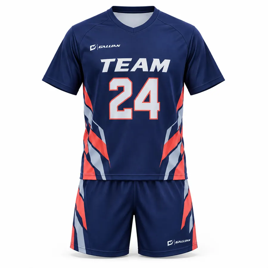 Prism Navy and Coral Field Lacrosse Uniform, navy jersey with coral and grey shards, by Gallian Sports