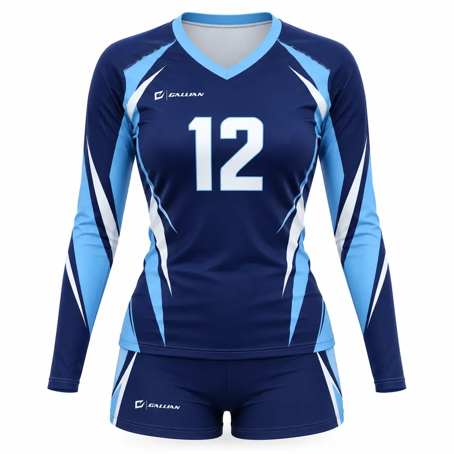 Highland long-sleeve volleyball uniform in navy with sky-blue and white sweeps and spandex shorts by Gallian Sports