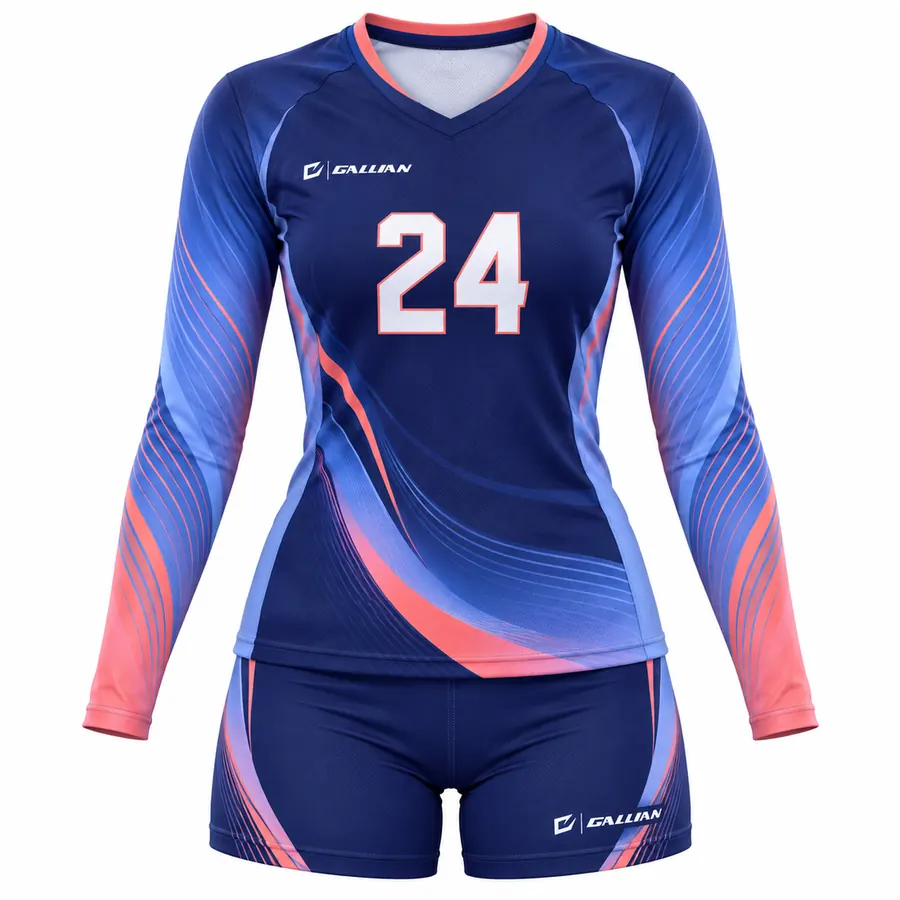 Lagoon long-sleeve volleyball uniform in navy, royal and coral with matching shorts by Gallian Sports