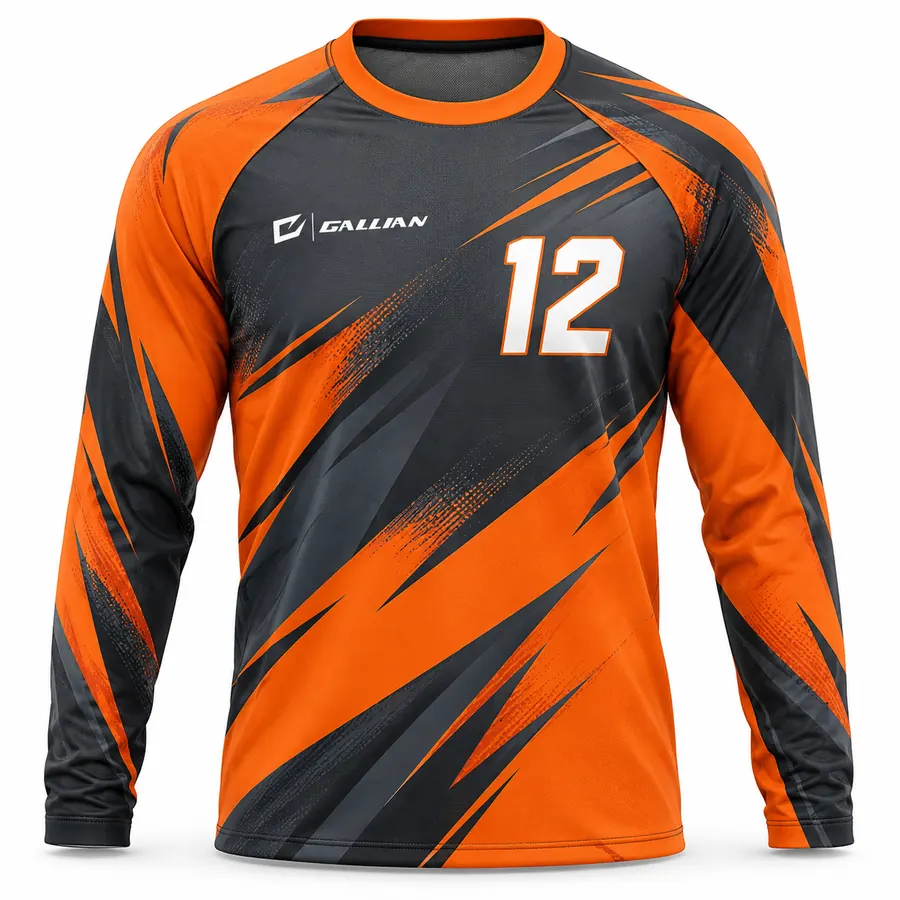 Ghostline orange and charcoal long-sleeve warm-up shooting shirt with raglan sleeves by Gallian Sports