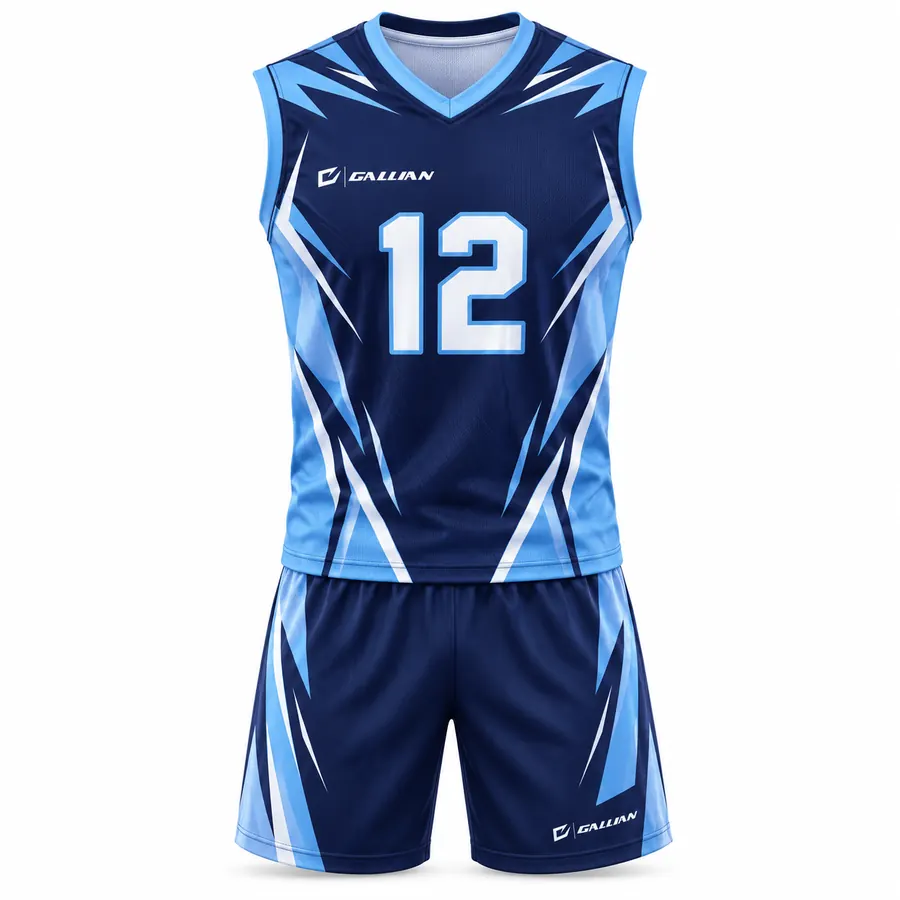 Hurricane men's sleeveless volleyball uniform, navy jersey with sky-blue flashes and navy shorts by Gallian Sports