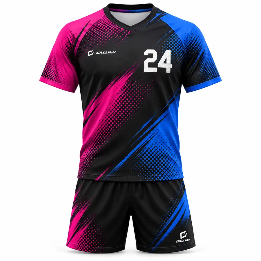 Hornet men's volleyball uniform, black jersey with magenta and electric-blue halftone, black shorts, by Gallian Sports