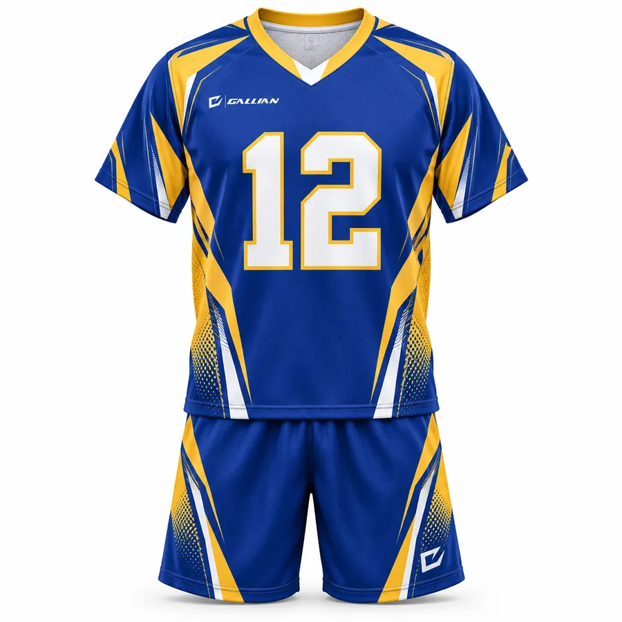 Kodiak men's volleyball uniform, royal jersey with gold shoulder flash and royal shorts by Gallian Sports
