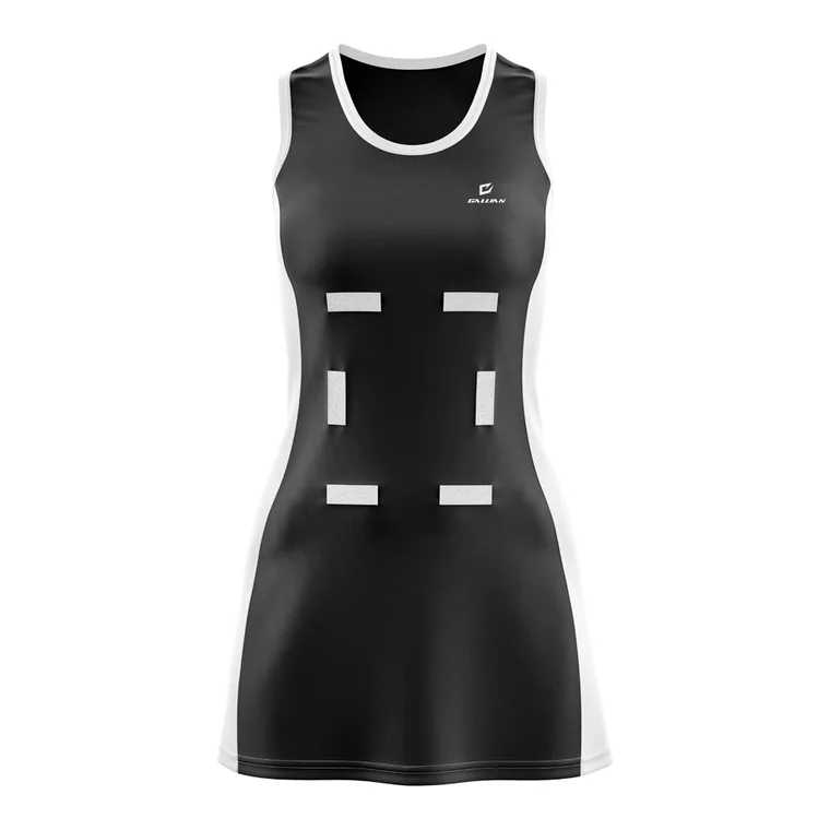 Custom Netball Dresses – design 3 in black & charcoal, custom netball apparel by Gallian Sports