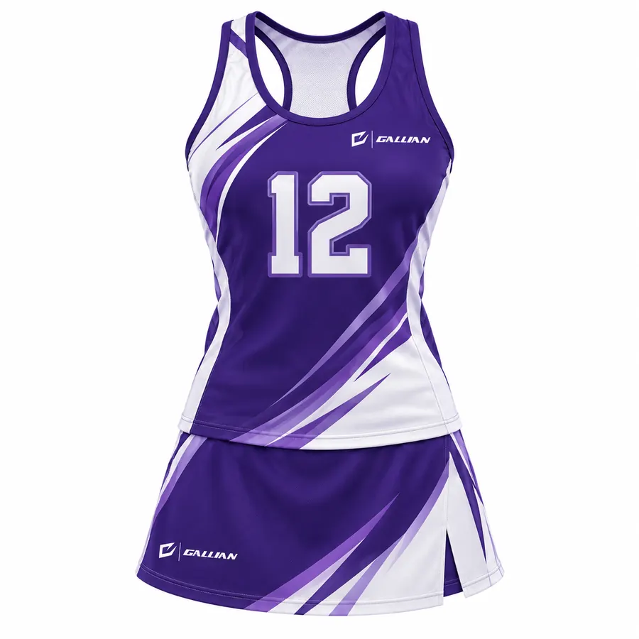Gale purple and white netball uniform, racerback top and skirt with white slashes, by Gallian Sports