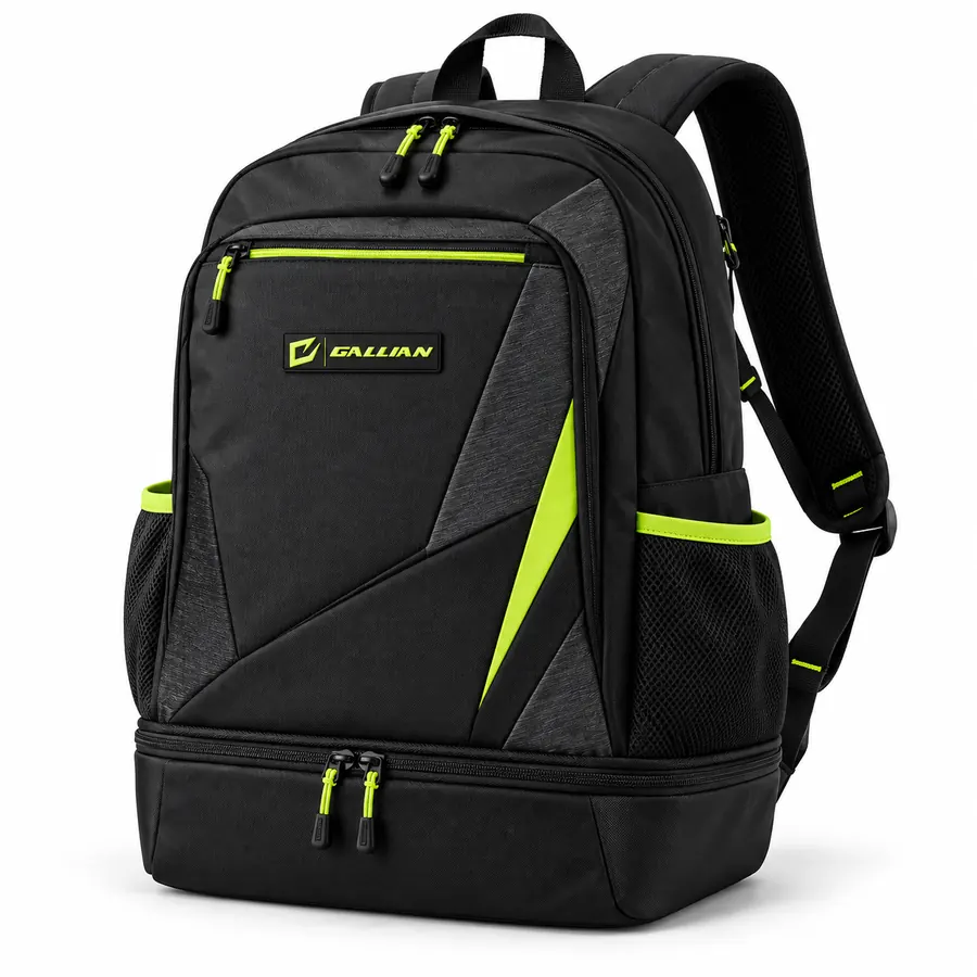 Black Volt Gear Backpack in black and charcoal with volt zip trims, mesh bottle pockets and zip shoe compartment at base