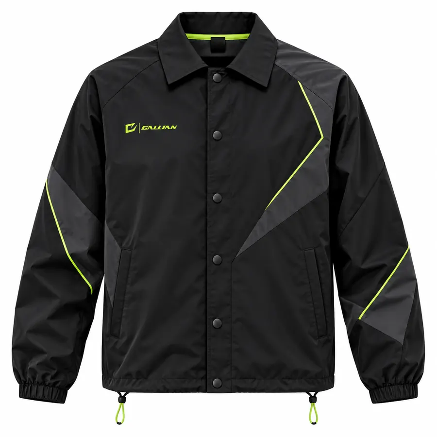 Black Volt Snap Coach Jacket in black nylon with snap front, shirt collar, charcoal diagonal panel and volt piping lines