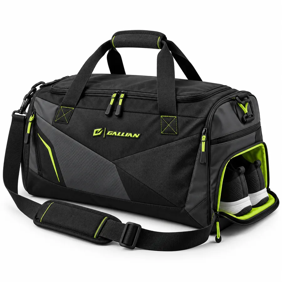 Black Volt Road Game Duffle in black and charcoal with volt-lined end shoe compartment, volt zip pulls and shoulder strap