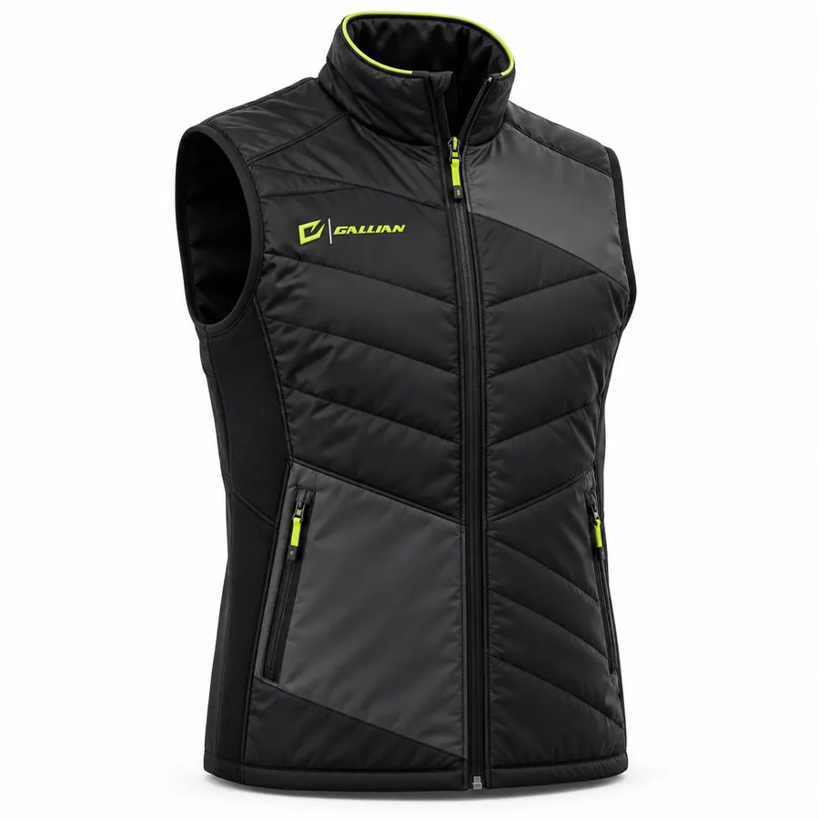 Black Volt Chevron Gilet, black chevron-quilted padded vest with charcoal lower panel, volt collar zip and pocket trims