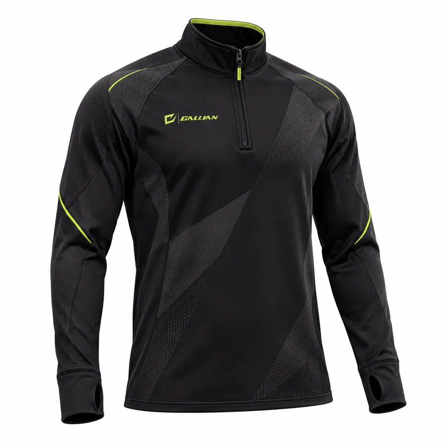 Black Volt Sideline Half-Zip in black with charcoal angular panels, volt raglan piping, volt collar lining and thumbholes