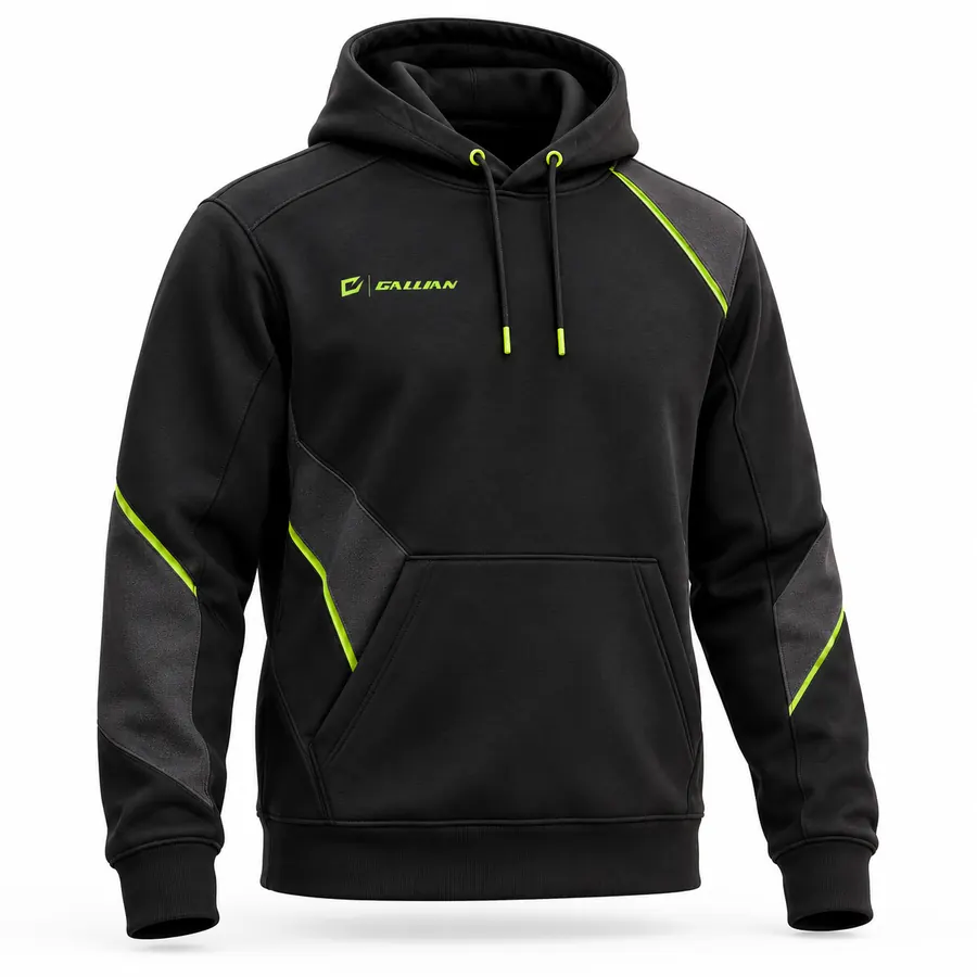 Black Volt Varsity Hoodie in jet black fleece with charcoal angular side panels, volt piping and volt drawcord tips
