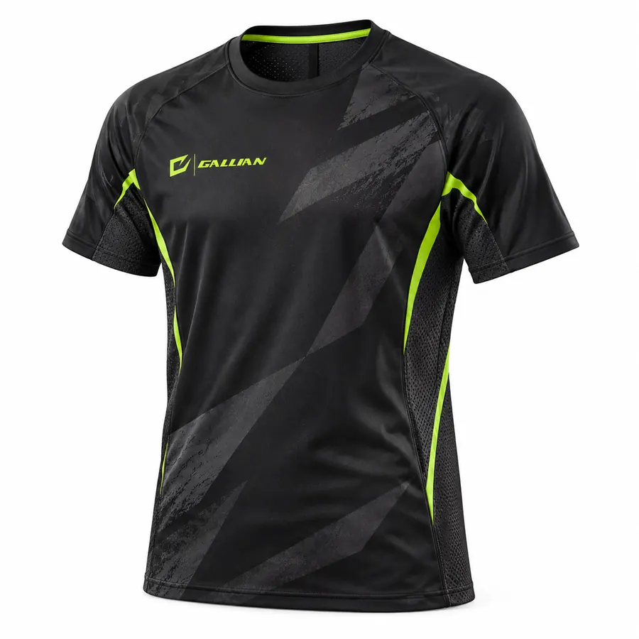 Black Volt Game Day Tee, black sublimated shirt with charcoal angular slash graphics, volt collar and volt side stripes