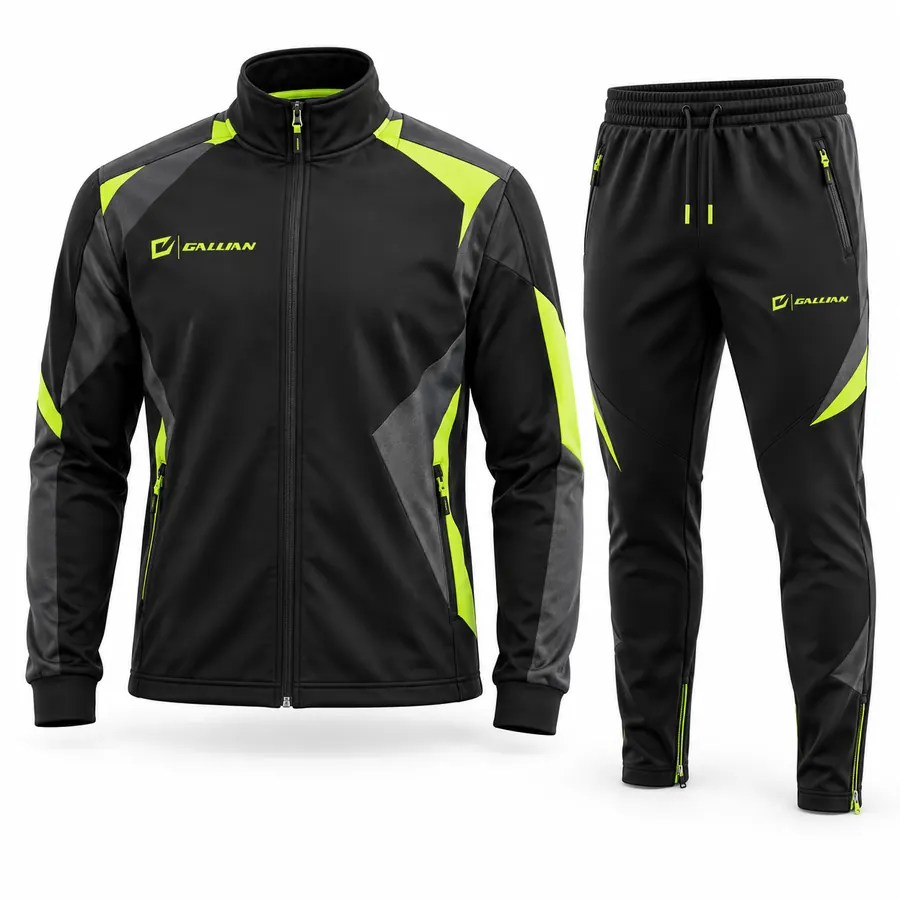 Black Volt Pregame Tracksuit: black full-zip jacket with volt shoulder panels and charcoal blocks, matching tapered pants