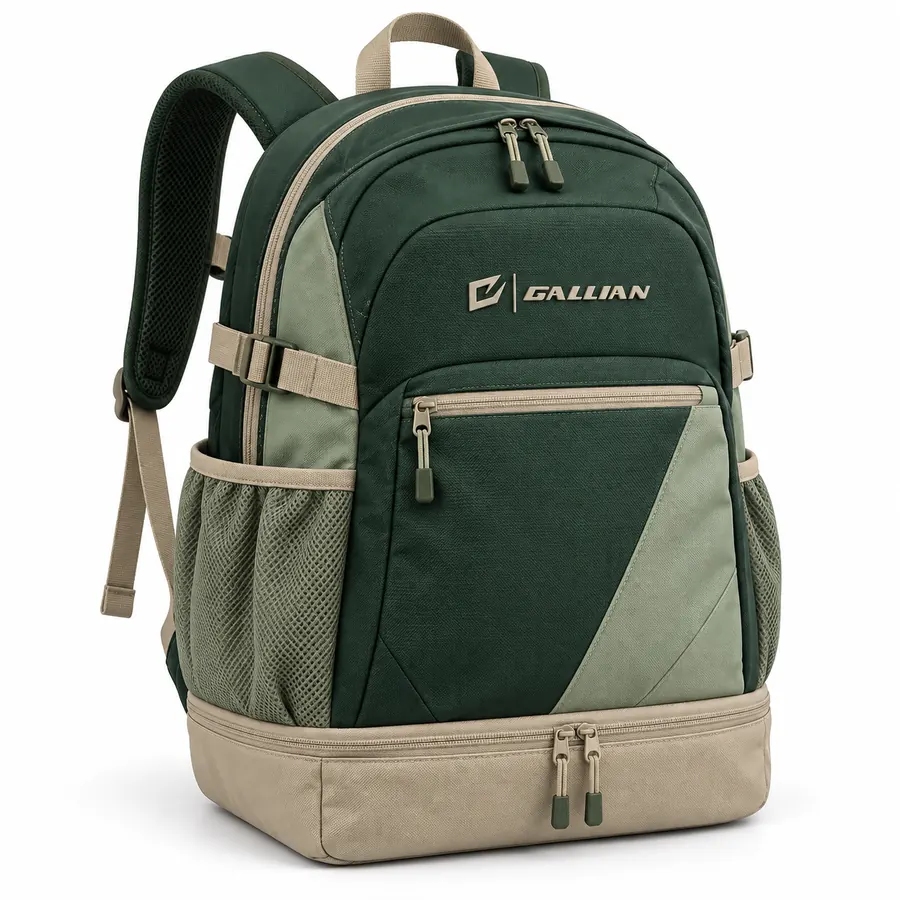 Forest Stone backpack in forest green with sage diagonal front panel, stone ventilated base compartment and khaki straps