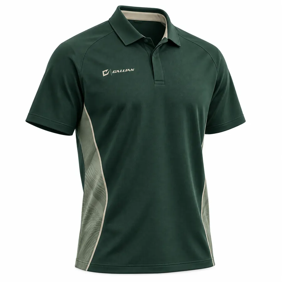 Forest Stone polo in forest green with sage side panels, three-button placket, self-fabric collar and Gallian chest logo