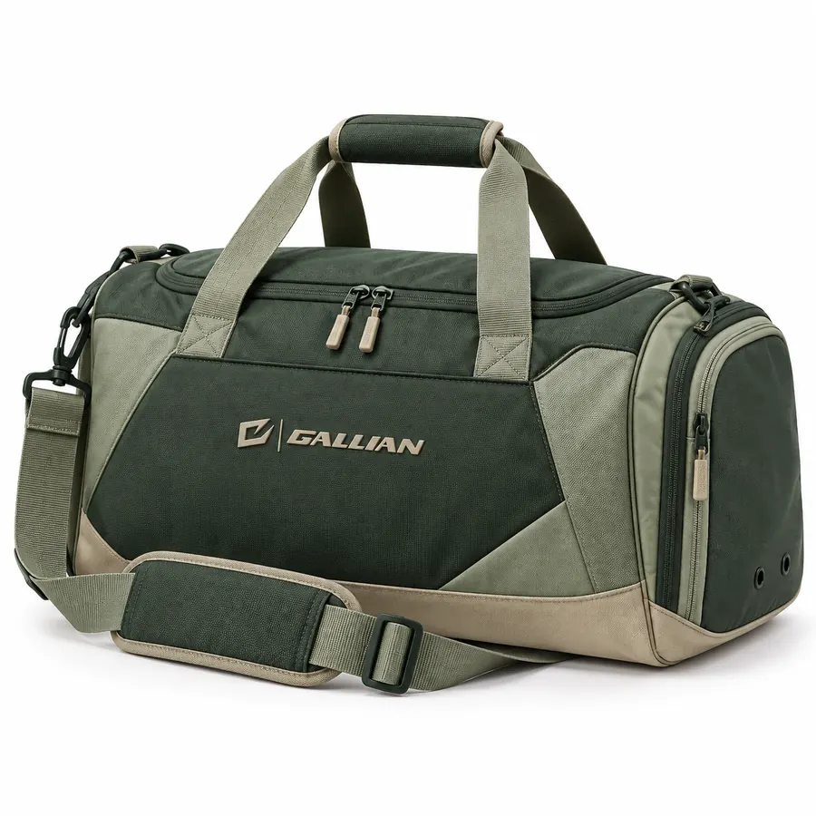 Forest Stone weekender duffle in forest green with sage end panels, stone base, khaki handles and padded shoulder strap