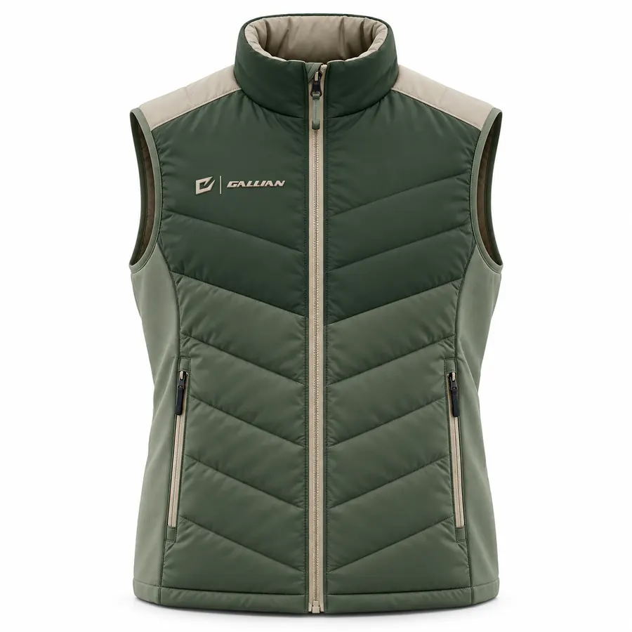 Forest Stone insulated gilet in forest green with chevron quilting, sage side panels, stone collar and zip, and Gallian badge
