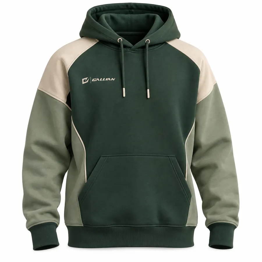 Forest Stone pullover hoodie in forest green with sage sleeves, stone shoulder yokes, kangaroo pocket and Gallian chest logo