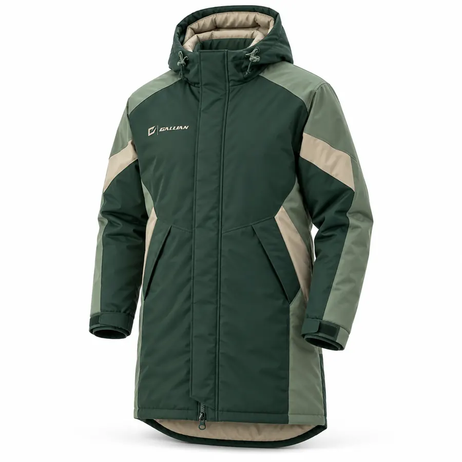 Forest Stone below-knee parka in forest green with sage side panels, stone hem trim, insulated hood and Gallian rubber badge