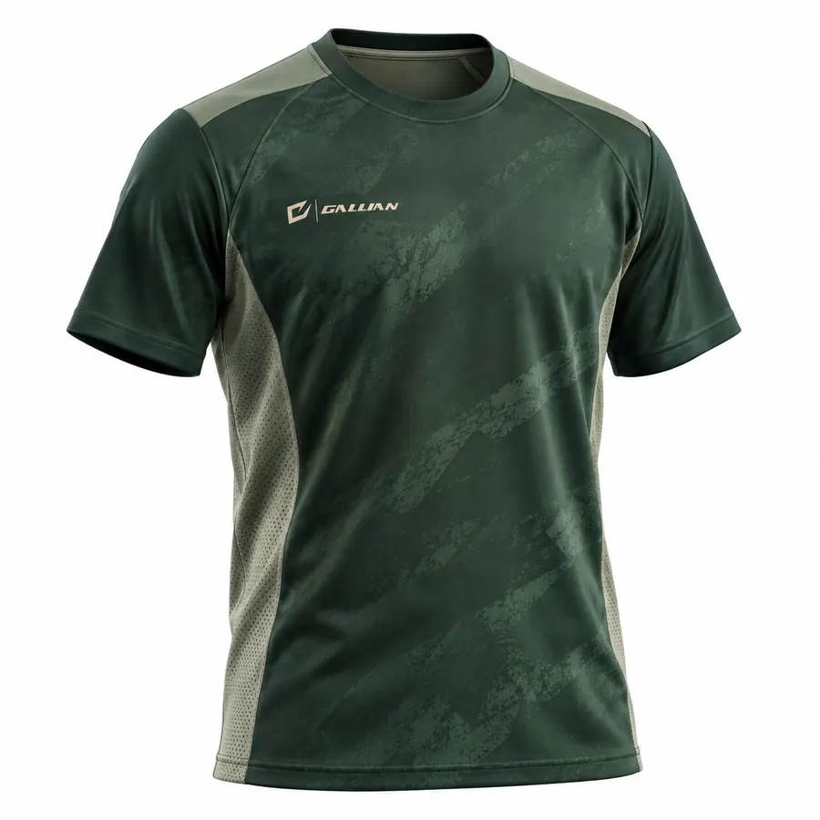 Forest Stone performance tee in forest green with tonal abstract print, sage shoulder and side panels, and Gallian chest logo