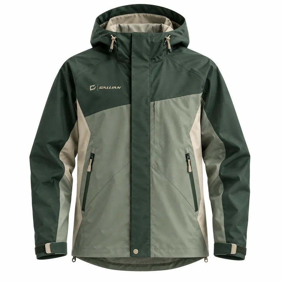 Forest Stone rain jacket in forest green with sage lower body, stone piping, adjustable hood, cuff tabs and zip pockets