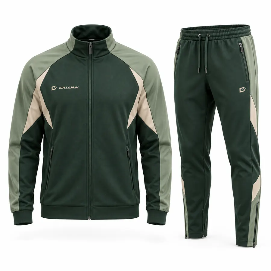 Forest Stone tracksuit: forest green jacket with sage sleeves and stone piping, tapered pants with sage and stone stripes