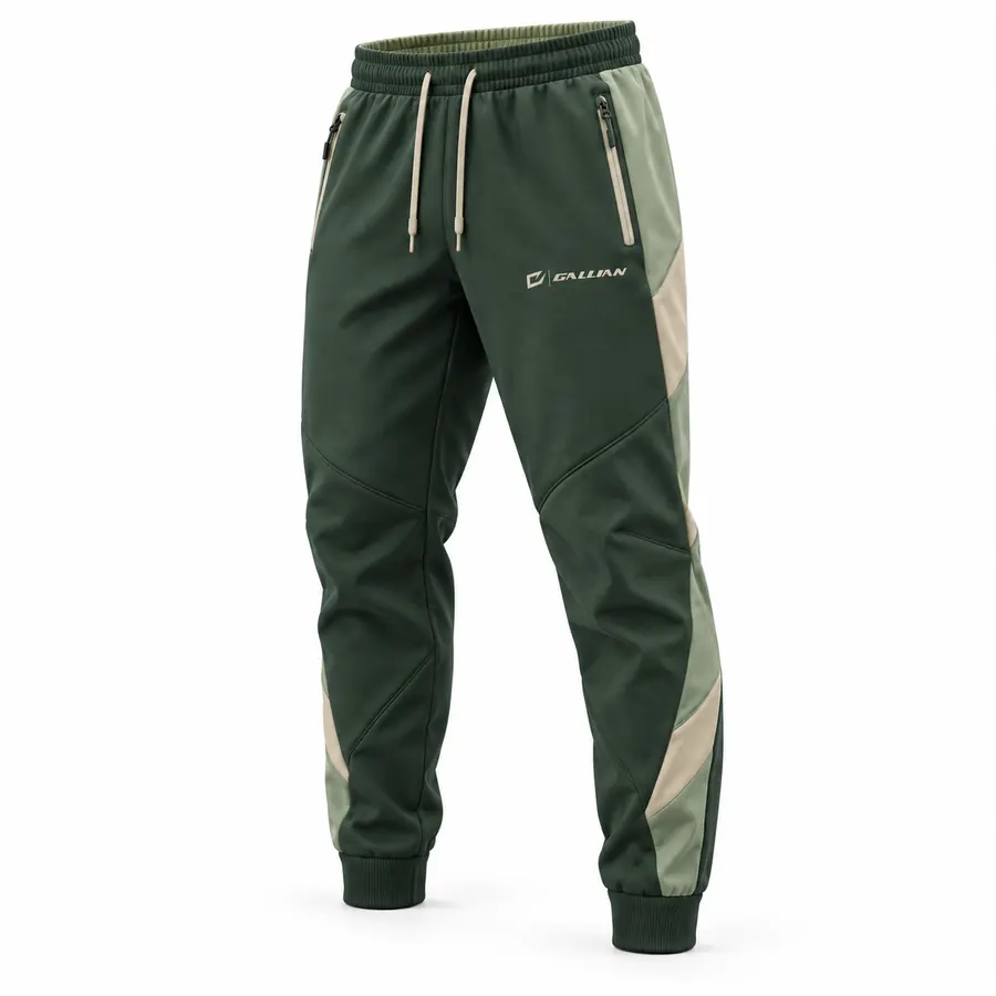 Forest Stone tapered joggers in forest green with sage and stone lower-leg panels, drawcord waist and rib ankle cuffs