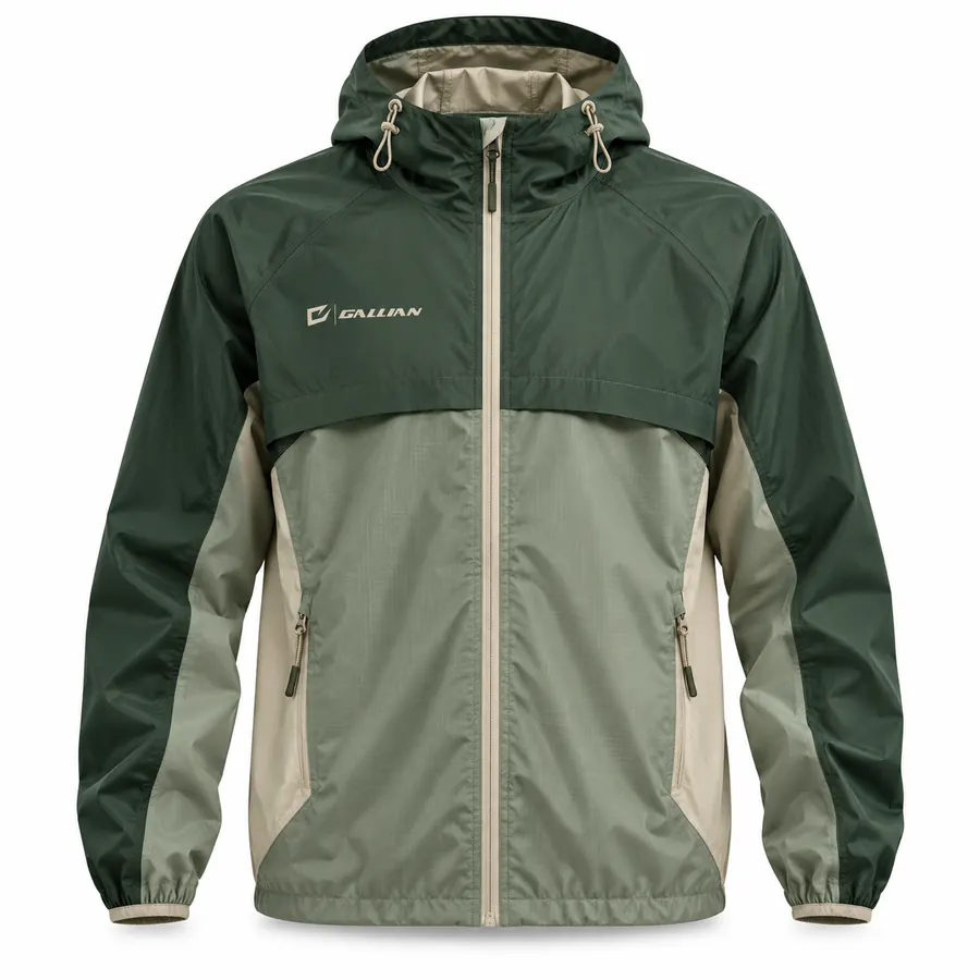 Forest Stone packable windbreaker with forest green hood and sleeves, sage lower body, stone zip and drawcords, Gallian logo