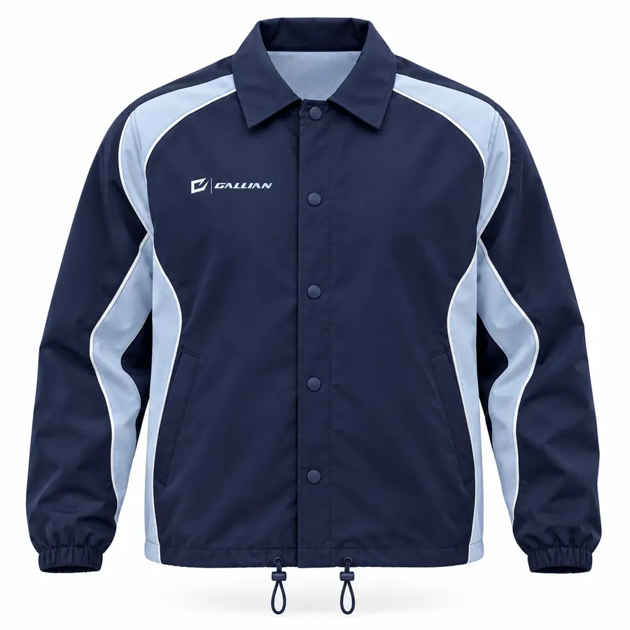 Navy Ice coaches jacket in navy nylon with snap front, shirt collar, ice-blue sleeve panels, drawcord hem and Gallian logo