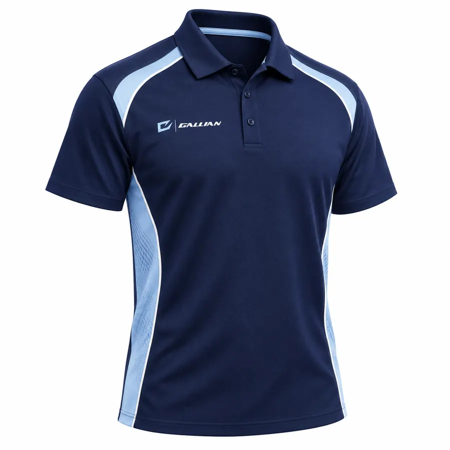 Navy Ice athletic department polo in navy micro-pique with ice-blue curved side panels, three-button placket and Gallian logo