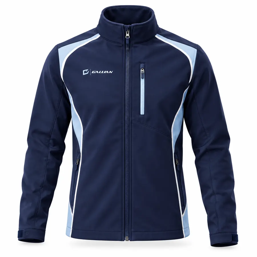 Navy Ice team softshell jacket in navy with ice-blue side panels, chest zip pocket with ice-blue tape and Gallian badge