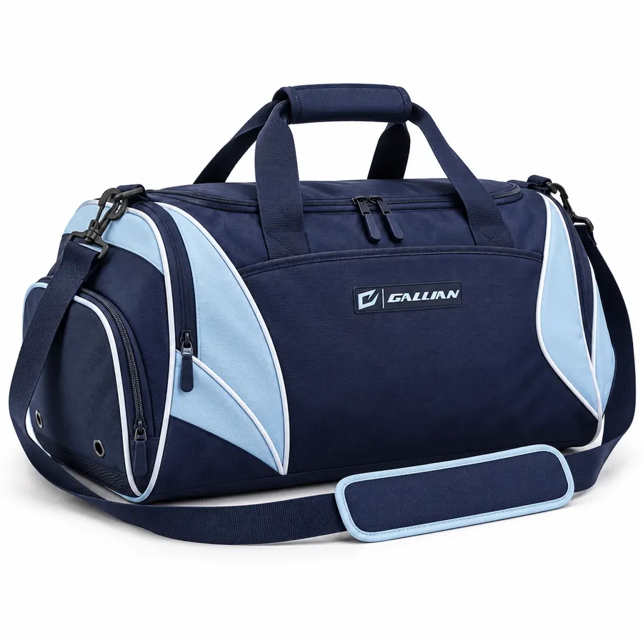 Navy Ice team duffel bag in navy with ice-blue curved end panels, vented shoe compartment, padded strap and Gallian badge