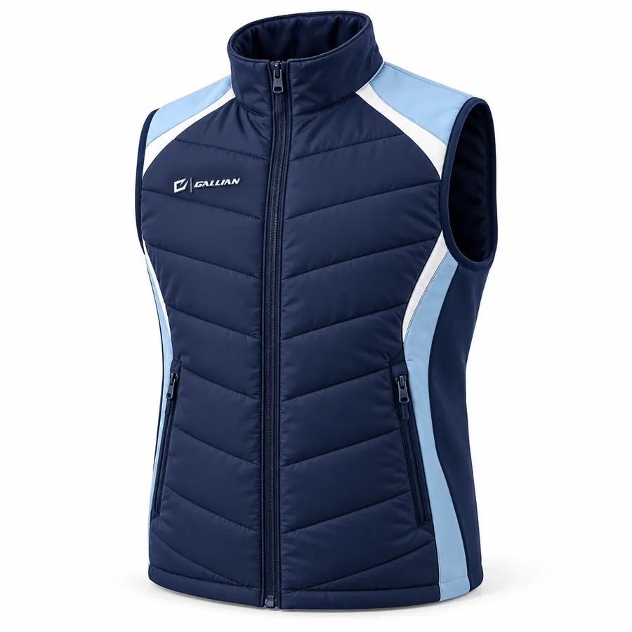 Navy Ice puffer vest with chevron quilting, ice-blue and white shoulder panels, stand collar, zip pockets and Gallian badge