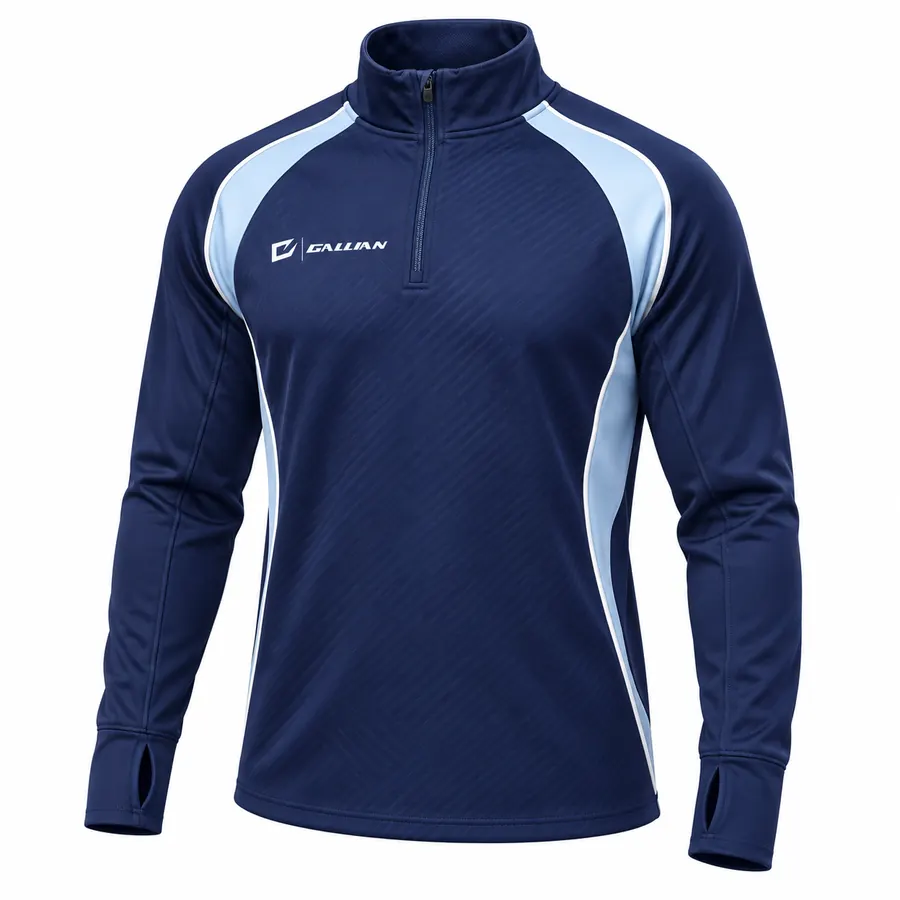 Navy Ice thumbhole half zip training shirt in navy with tonal texture, ice-blue raglan sleeves, stand collar and Gallian logo
