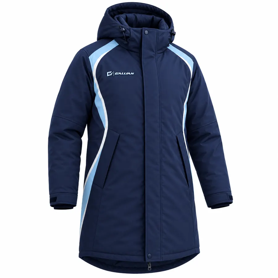 Navy Ice long sideline parka in navy with ice-blue and white front curves, fleece-lined hood, side pockets and Gallian badge