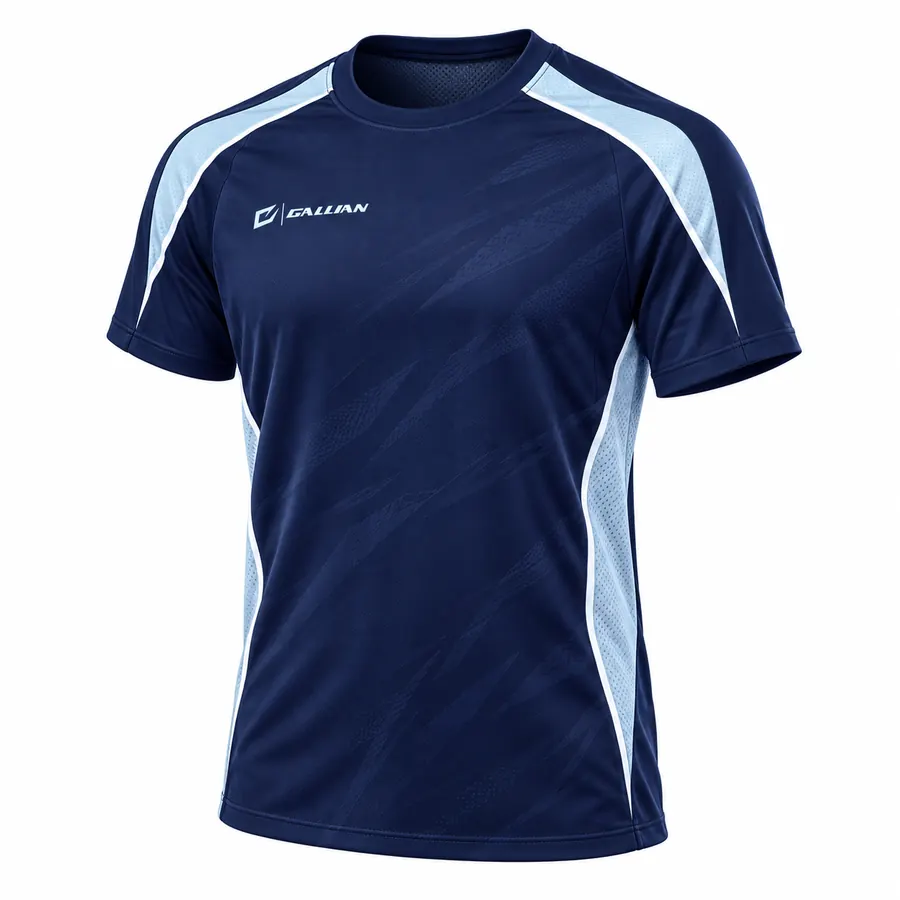 Navy Ice moisture wicking team t-shirt in navy with tonal diagonal stripes, ice-blue and white shoulder panels, Gallian logo