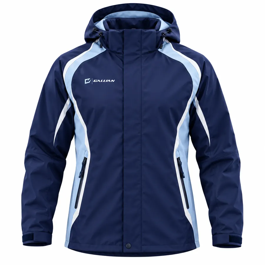 Navy Ice lacrosse rain jacket in navy with ice-blue and white chest and sleeve panels, adjustable hood and zip pockets