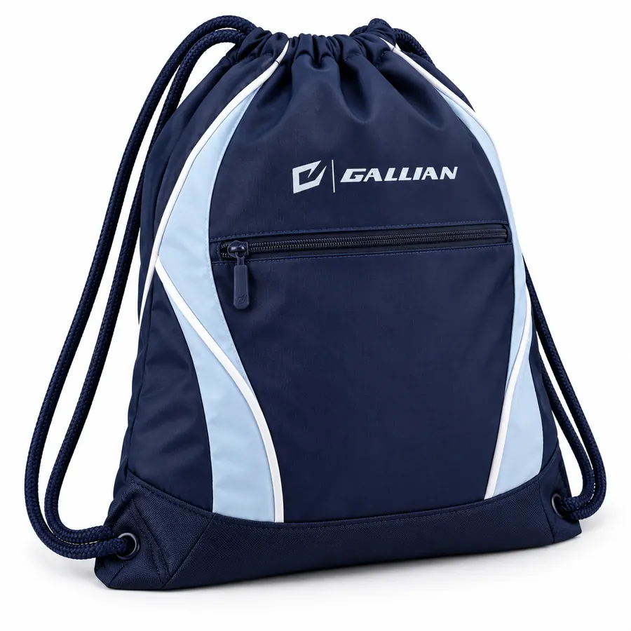 Navy Ice drawstring backpack in navy with large Gallian logo, zip front pocket, ice-blue curved side panels and rope cords