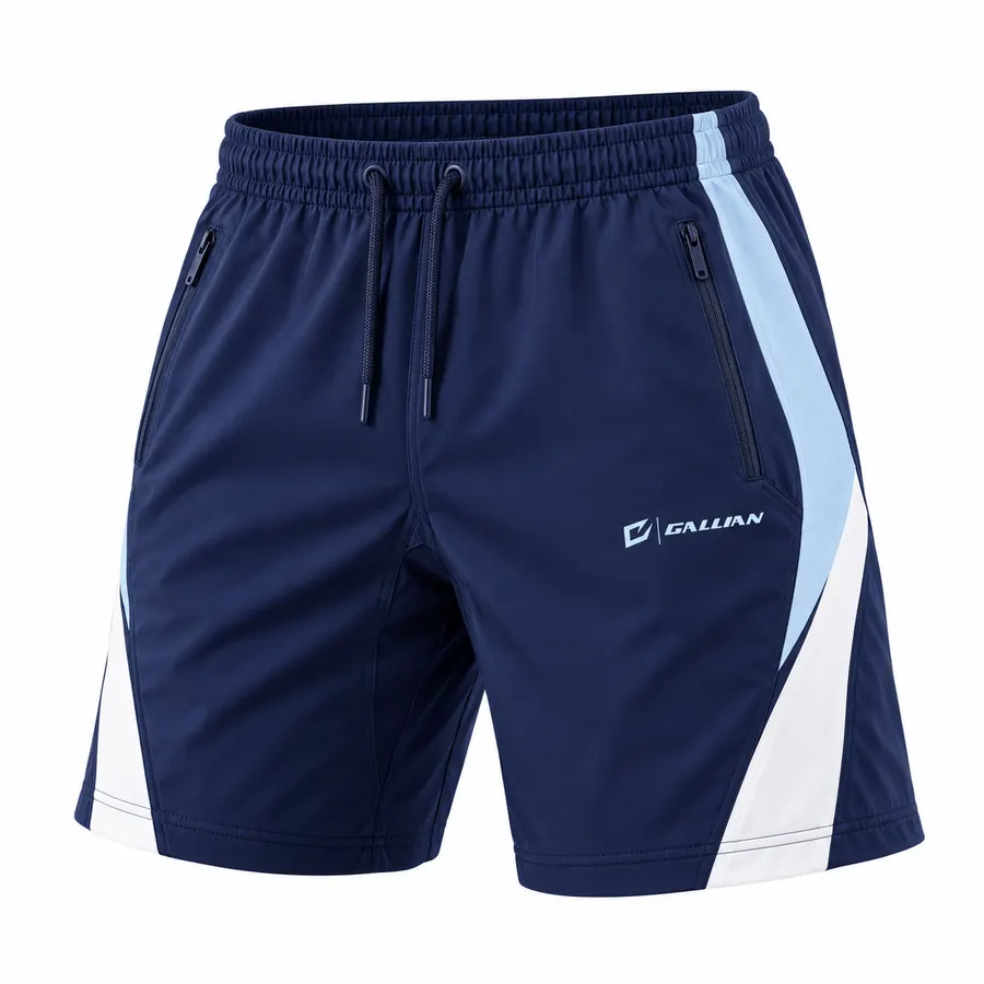 Navy Ice athletic shorts in navy with ice-blue and white curved leg panel, drawcord waist, zip side pocket and Gallian logo