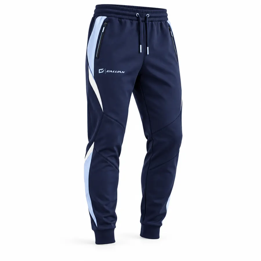 Navy Ice team travel joggers in navy with ice-blue and white side stripe, white drawcords, zip pocket and rib ankle cuffs