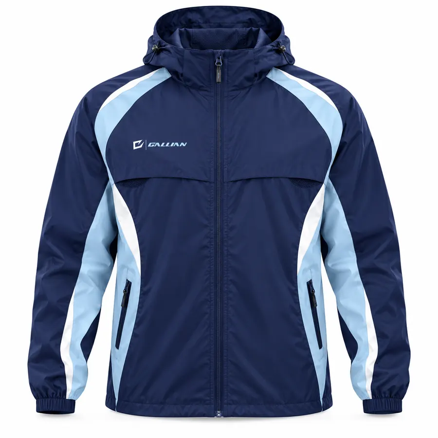 Navy Ice hooded windbreaker in navy ripstop with ice-blue chest yoke and sleeve panels, white trim and Gallian chest logo