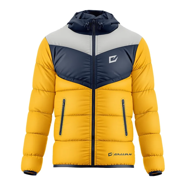 Custom Team Puffer Jackets – design 13 in gold & charcoal, custom varsity jackets apparel by Gallian Sports
