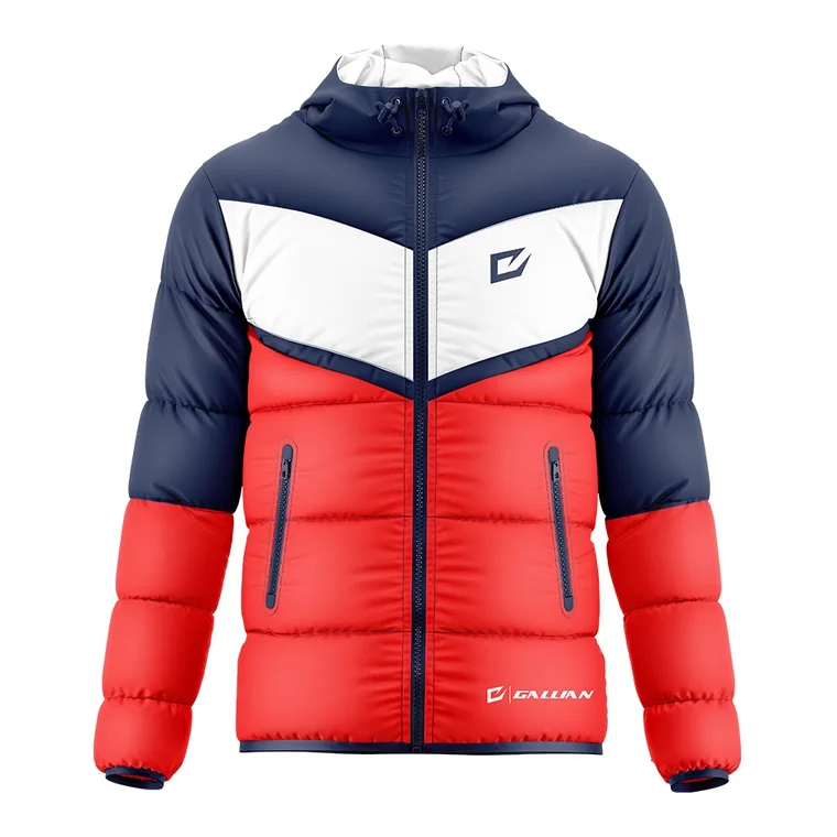 Custom Team Puffer Jackets – design 14 in red & charcoal, custom varsity jackets apparel by Gallian Sports