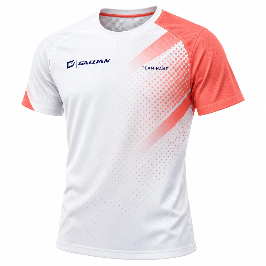 Custom Pickleball Jerseys & Team Shirts – White & Coral, custom sublimated pickleball jersey with team name by Gallian Sports
