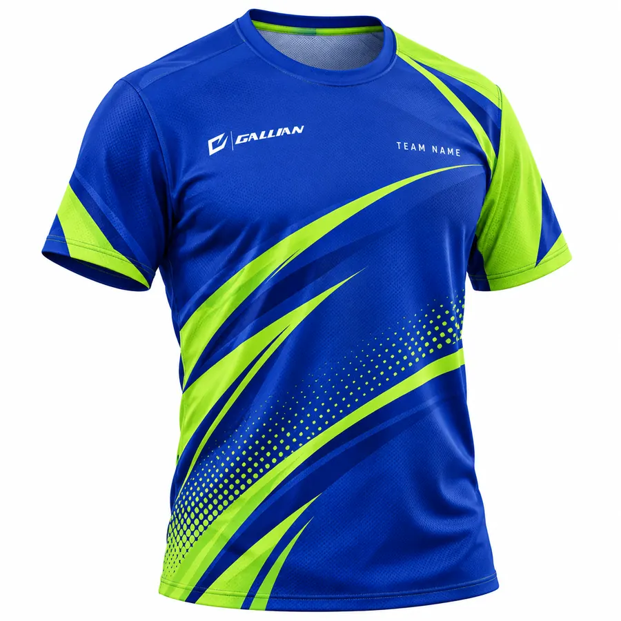 Custom Pickleball Jerseys & Team Shirts – Royal Blue & Volt Green, custom sublimated pickleball jersey with team name by Gallian Sports