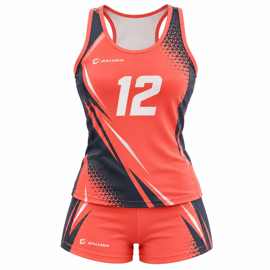 Arrowhead racerback volleyball uniform, coral tank with navy triangle halftone and coral spandex shorts by Gallian Sports