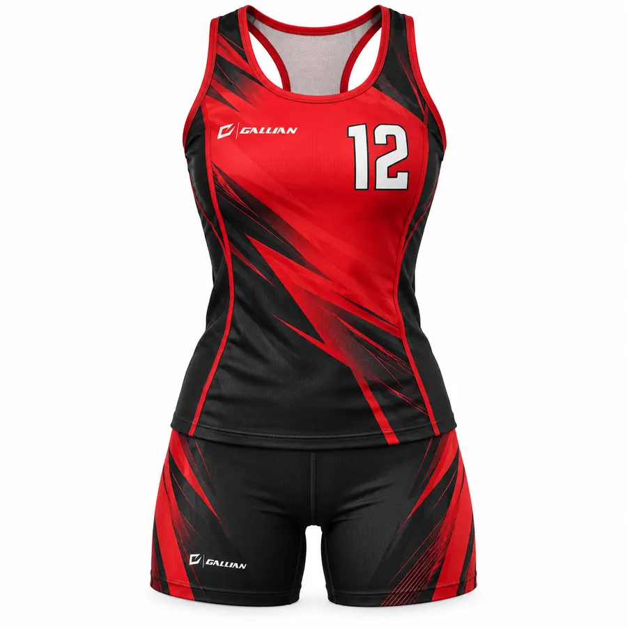 Northstar racerback volleyball uniform, red-to-black tank with red piping and black spandex shorts by Gallian Sports